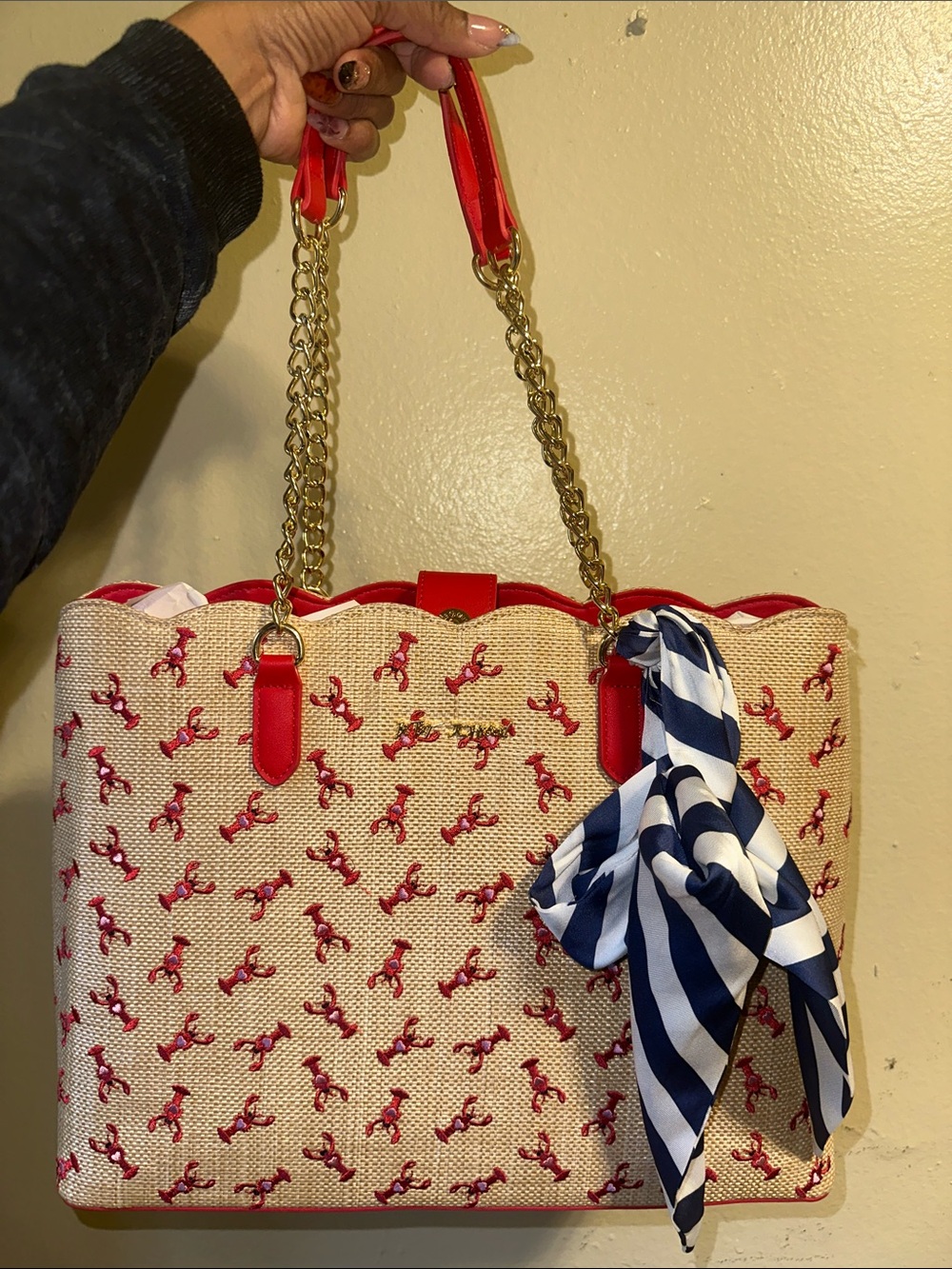 Betsey Johnson Red-Accent Straw Tote with Nautical Scarf